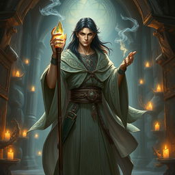 a male human sorcerer with long dark hair and a slight build, dressed in flowing, intricately designed robes that shimmer with mystical patterns