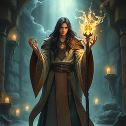 a male human sorcerer with long dark hair and a slight build, dressed in flowing, intricately designed robes that shimmer with mystical patterns