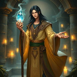 a male human sorcerer with long dark hair and a slight build, dressed in flowing, intricately designed robes that shimmer with mystical patterns