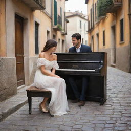 Simplify the image to a candid, romantic moment. The couple, now in casual attire, share a peaceful moment on a quiet, cobblestone street in Italy. An old weathered piano is their only company. The atmosphere, simple and warm, truly captures Italy's rustic charm.