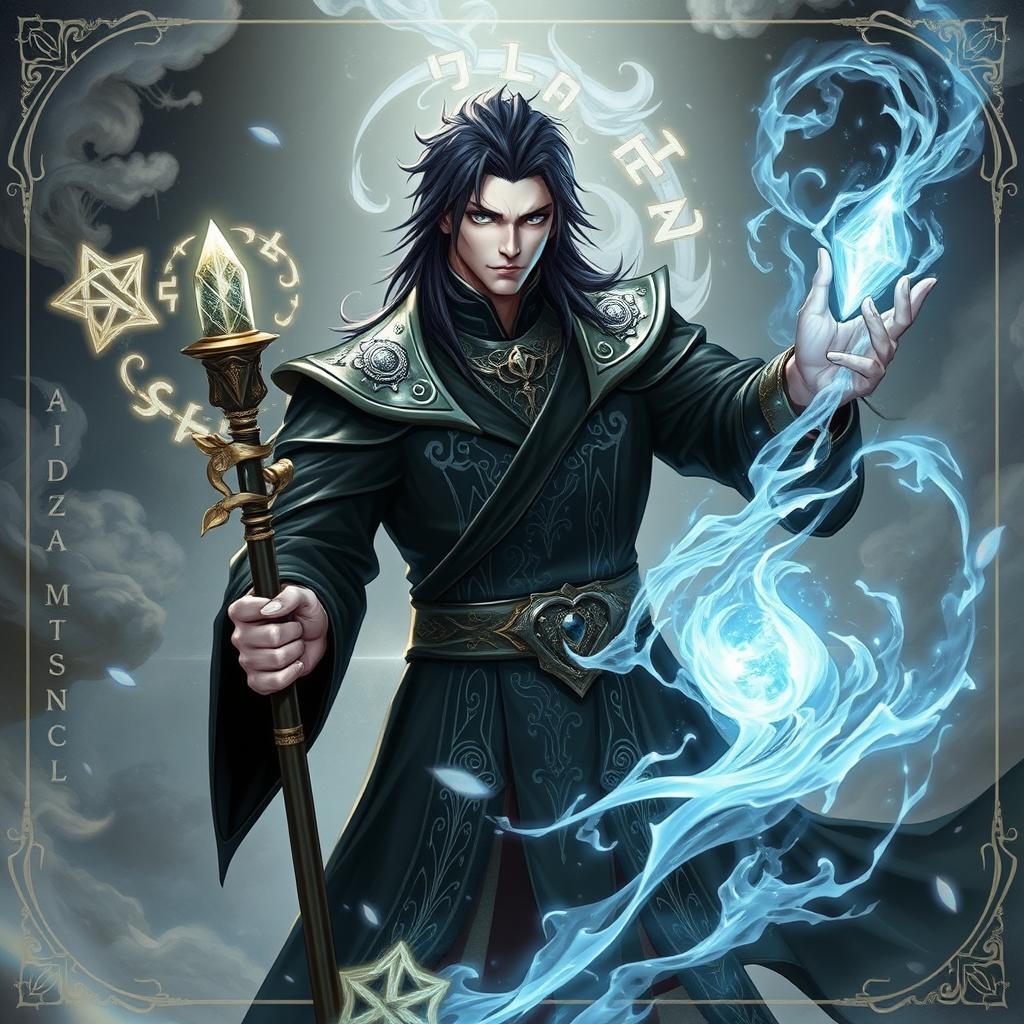 a male human sorcerer with long dark hair and sharp features, wearing a sleek, dark robe adorned with intricate silver patterns that shimmer with an otherworldly glow