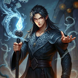 a male human sorcerer with long dark hair and sharp features, wearing a sleek, dark robe adorned with intricate silver patterns that shimmer with an otherworldly glow