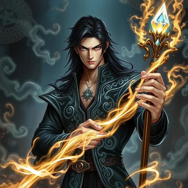 a male human sorcerer with long dark hair and sharp features, wearing a sleek, dark robe adorned with intricate silver patterns that shimmer with an otherworldly glow