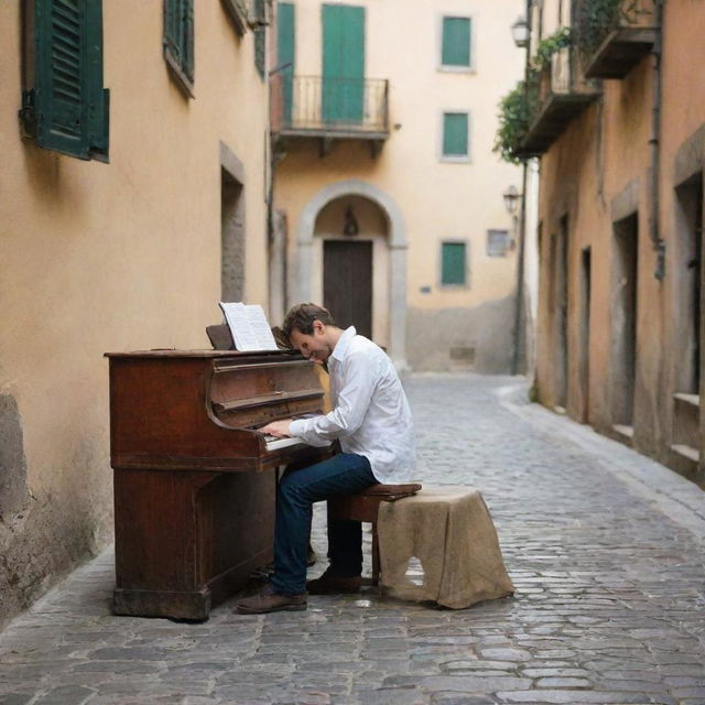 Simplify the image to a candid, romantic moment. The couple, now in casual attire, share a peaceful moment on a quiet, cobblestone street in Italy. An old weathered piano is their only company. The atmosphere, simple and warm, truly captures Italy's rustic charm.