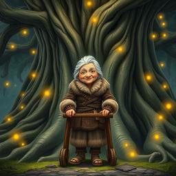 A sweet, elderly barbarian woman with a warm, gentle smile, standing at the base of the majestic World Tree