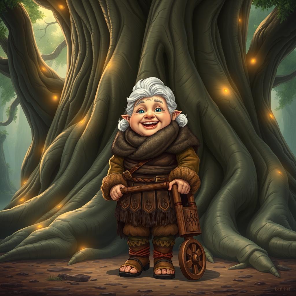 A sweet, elderly barbarian woman with a warm, gentle smile, standing at the base of the majestic World Tree