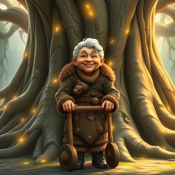 A sweet, elderly barbarian woman with a warm, gentle smile, standing at the base of the majestic World Tree