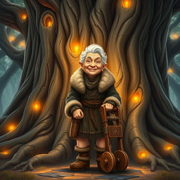 A sweet, elderly barbarian woman with a warm, gentle smile, standing at the base of the majestic World Tree