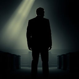 A dramatic movie poster featuring the silhouette of a man standing in a courtroom, exuding an air of tension and suspense