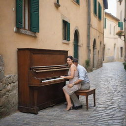 Simplify the image to a candid, romantic moment. The couple, now in casual attire, share a peaceful moment on a quiet, cobblestone street in Italy. An old weathered piano is their only company. The atmosphere, simple and warm, truly captures Italy's rustic charm.