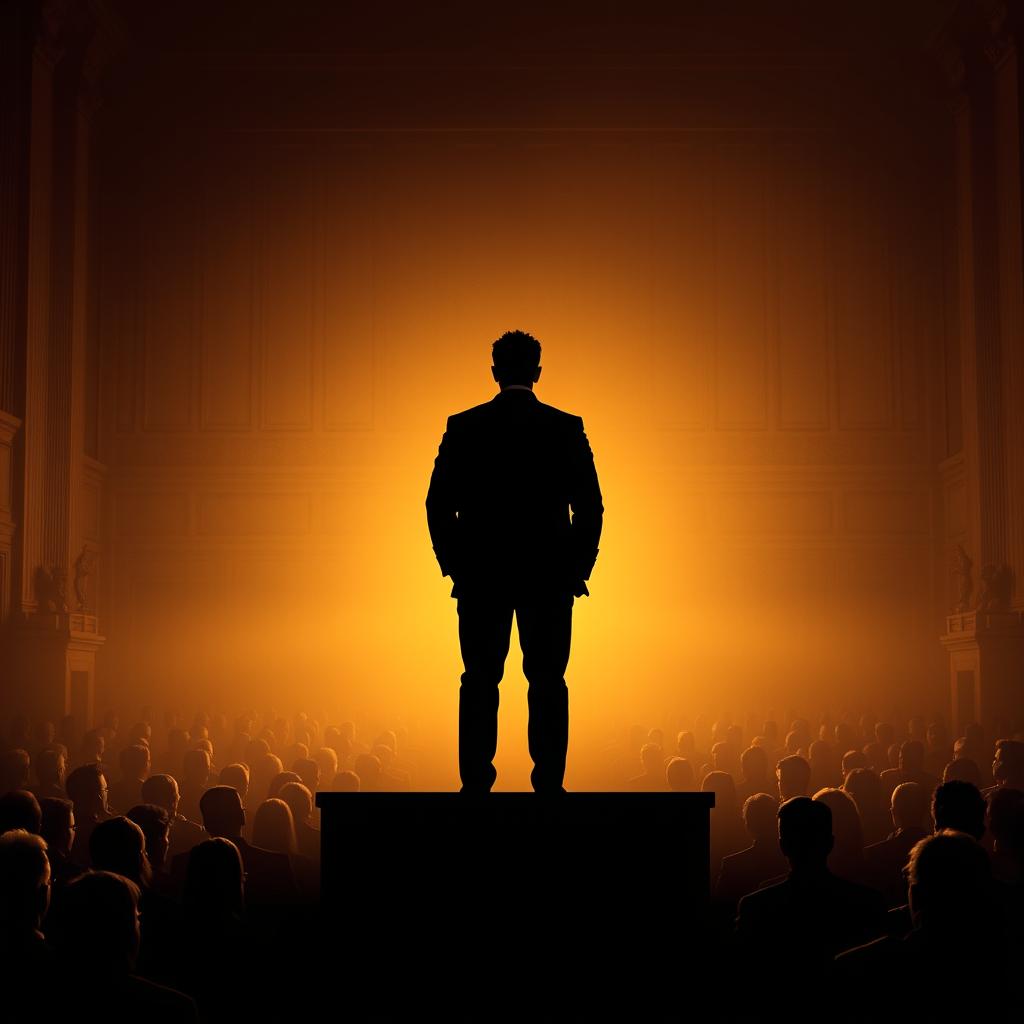 A compelling movie poster featuring the silhouette of a man standing in a courtroom, surrounded by a packed audience