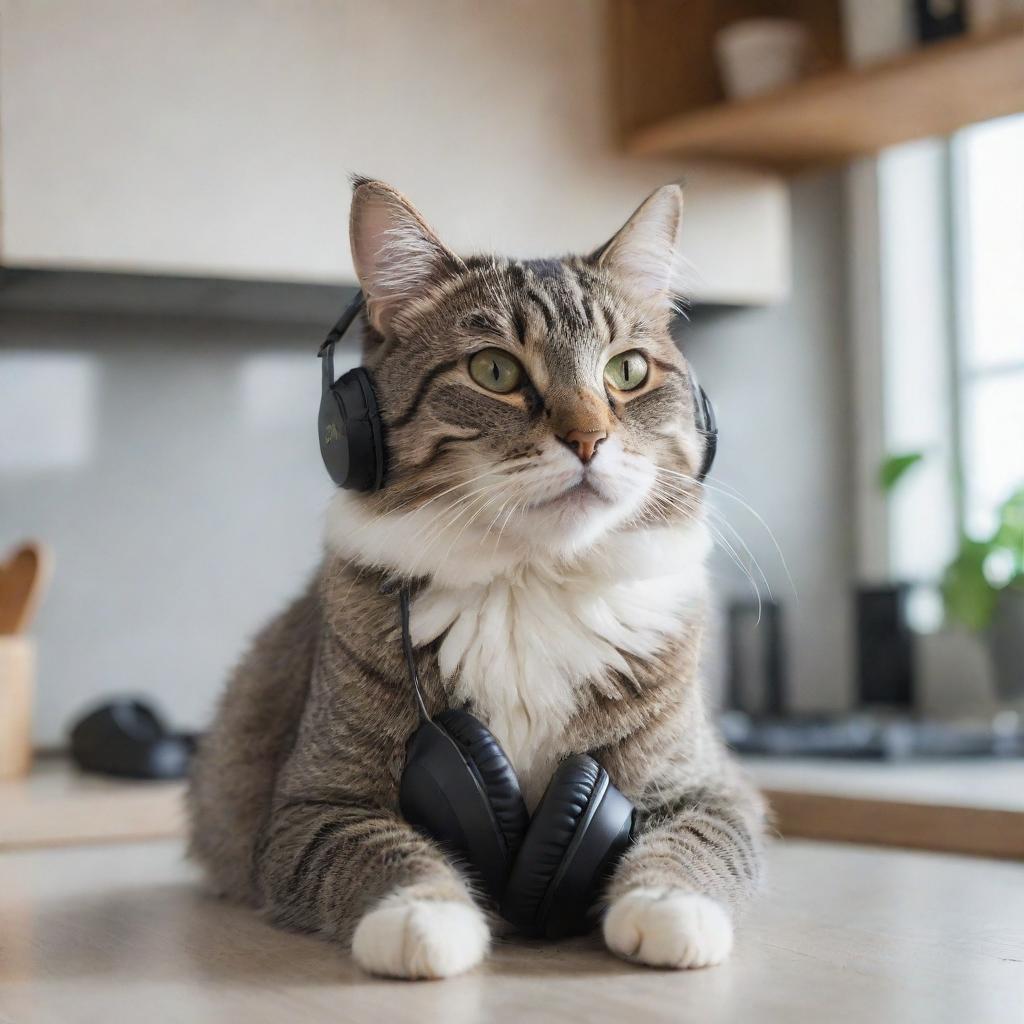 A cozy domestic cat, comfortably nuzzled, with small headphones in its furry ears, attentively listening to Spotify in a well-lit modern kitchen.