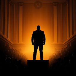 A compelling movie poster featuring the silhouette of a man standing in a courtroom, surrounded by a packed audience