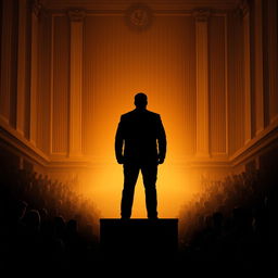 A compelling movie poster featuring the silhouette of a man standing in a courtroom, surrounded by a packed audience