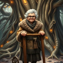 A sweet, elderly barbarian woman standing at the base of the World Tree, wearing glasses and a gentle smile