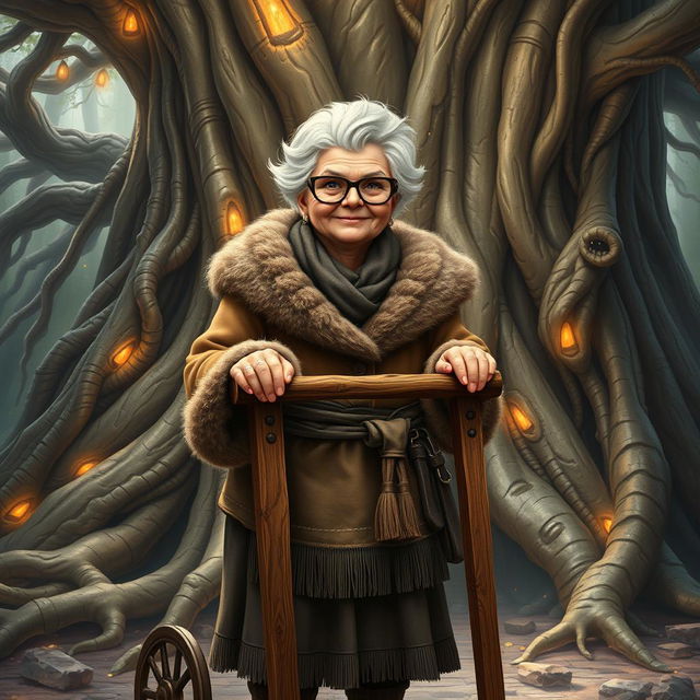 A sweet, elderly barbarian woman standing at the base of the World Tree, wearing glasses and a gentle smile