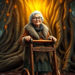 A sweet, elderly barbarian woman standing at the base of the World Tree, wearing glasses and a gentle smile