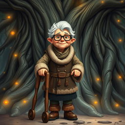 A sweet, elderly barbarian woman standing at the base of the World Tree, wearing glasses and a gentle smile