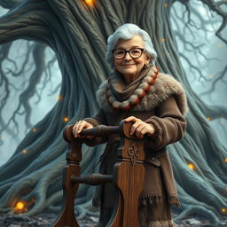 A sweet, elderly barbarian woman standing at the base of the World Tree, wearing glasses and a gentle smile