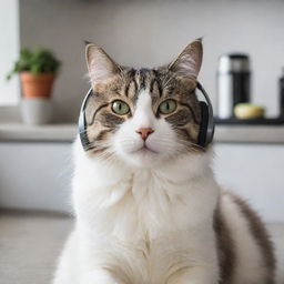 A cozy domestic cat, comfortably nuzzled, with small headphones in its furry ears, attentively listening to Spotify in a well-lit modern kitchen.