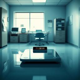 A striking movie poster set in a medical office, with a focus on a sleek, modern electronic scale positioned prominently in the foreground