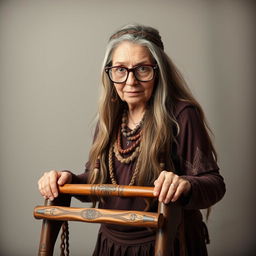 An elderly barbarian woman, embodying strength and wisdom, stands proudly in front of a simple, serene background