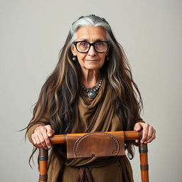 An elderly barbarian woman, embodying strength and wisdom, stands proudly in front of a simple, serene background