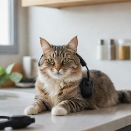 A cozy domestic cat, comfortably nuzzled, with small headphones in its furry ears, attentively listening to Spotify in a well-lit modern kitchen.