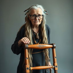 An elderly barbarian woman, embodying strength and wisdom, stands proudly in front of a simple, serene background