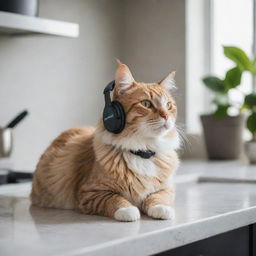 A cozy domestic cat, comfortably nuzzled, with small headphones in its furry ears, attentively listening to Spotify in a well-lit modern kitchen.