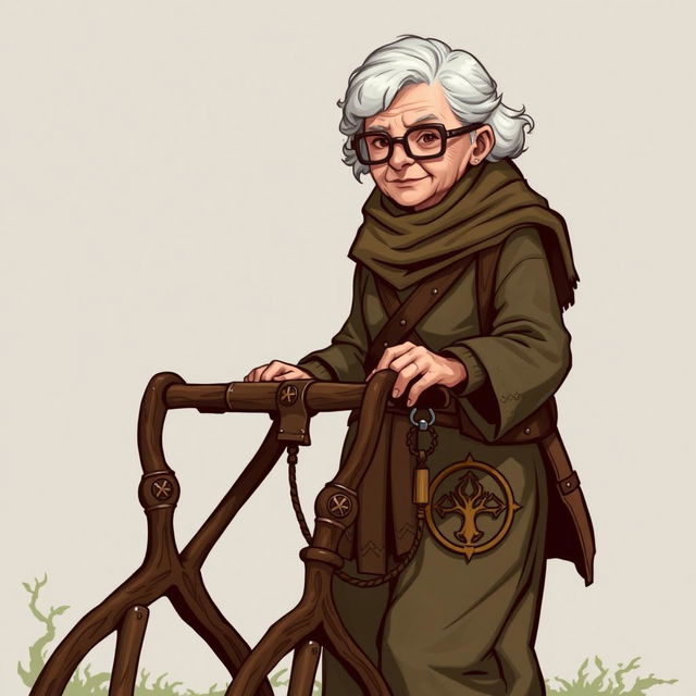 An elderly woman character from a Dungeons and Dragons setting, embodying the path of the world tree as a barbarian