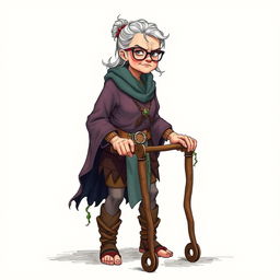 A hand-drawn illustration of an elderly female barbarian, representing the 'Path of the World Tree' class from Dungeons and Dragons