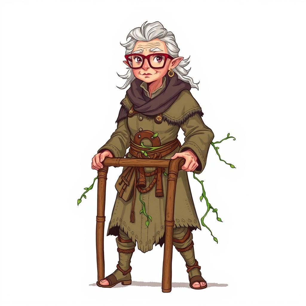 A hand-drawn illustration of an elderly female barbarian, representing the 'Path of the World Tree' class from Dungeons and Dragons