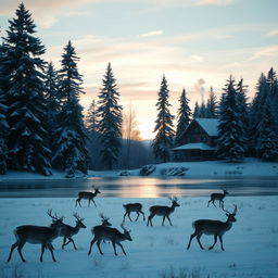 A serene winter landscape with tall evergreen trees covered in snow, a peaceful frozen lake reflecting the sky, soft sunlight filtering through the branches, and a cozy log cabin in the background with smoke gently rising from the chimney