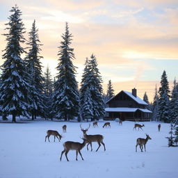 A serene winter landscape with tall evergreen trees covered in snow, a peaceful frozen lake reflecting the sky, soft sunlight filtering through the branches, and a cozy log cabin in the background with smoke gently rising from the chimney