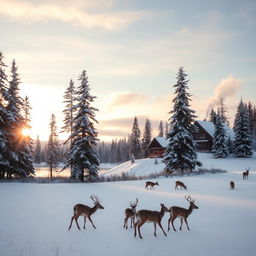 A serene winter landscape with tall evergreen trees covered in snow, a peaceful frozen lake reflecting the sky, soft sunlight filtering through the branches, and a cozy log cabin in the background with smoke gently rising from the chimney