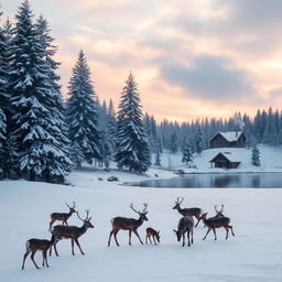 A serene winter landscape with tall evergreen trees covered in snow, a peaceful frozen lake reflecting the sky, soft sunlight filtering through the branches, and a cozy log cabin in the background with smoke gently rising from the chimney