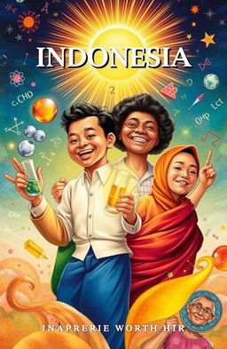 A vibrant book cover illustration showcasing four prominent Indonesian figures, each representing elements of chemistry, physics, mathematics, and a figurative element that symbolizes their contributions