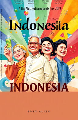 A vibrant book cover illustration showcasing four prominent Indonesian figures, each representing elements of chemistry, physics, mathematics, and a figurative element that symbolizes their contributions