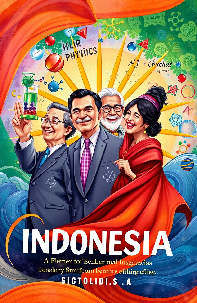 A vibrant book cover illustration showcasing four prominent Indonesian figures, each representing elements of chemistry, physics, mathematics, and a figurative element that symbolizes their contributions