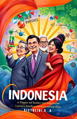 A vibrant book cover illustration showcasing four prominent Indonesian figures, each representing elements of chemistry, physics, mathematics, and a figurative element that symbolizes their contributions