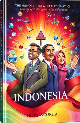 A vibrant book cover illustration showcasing four prominent Indonesian figures, each representing elements of chemistry, physics, mathematics, and a figurative element that symbolizes their contributions