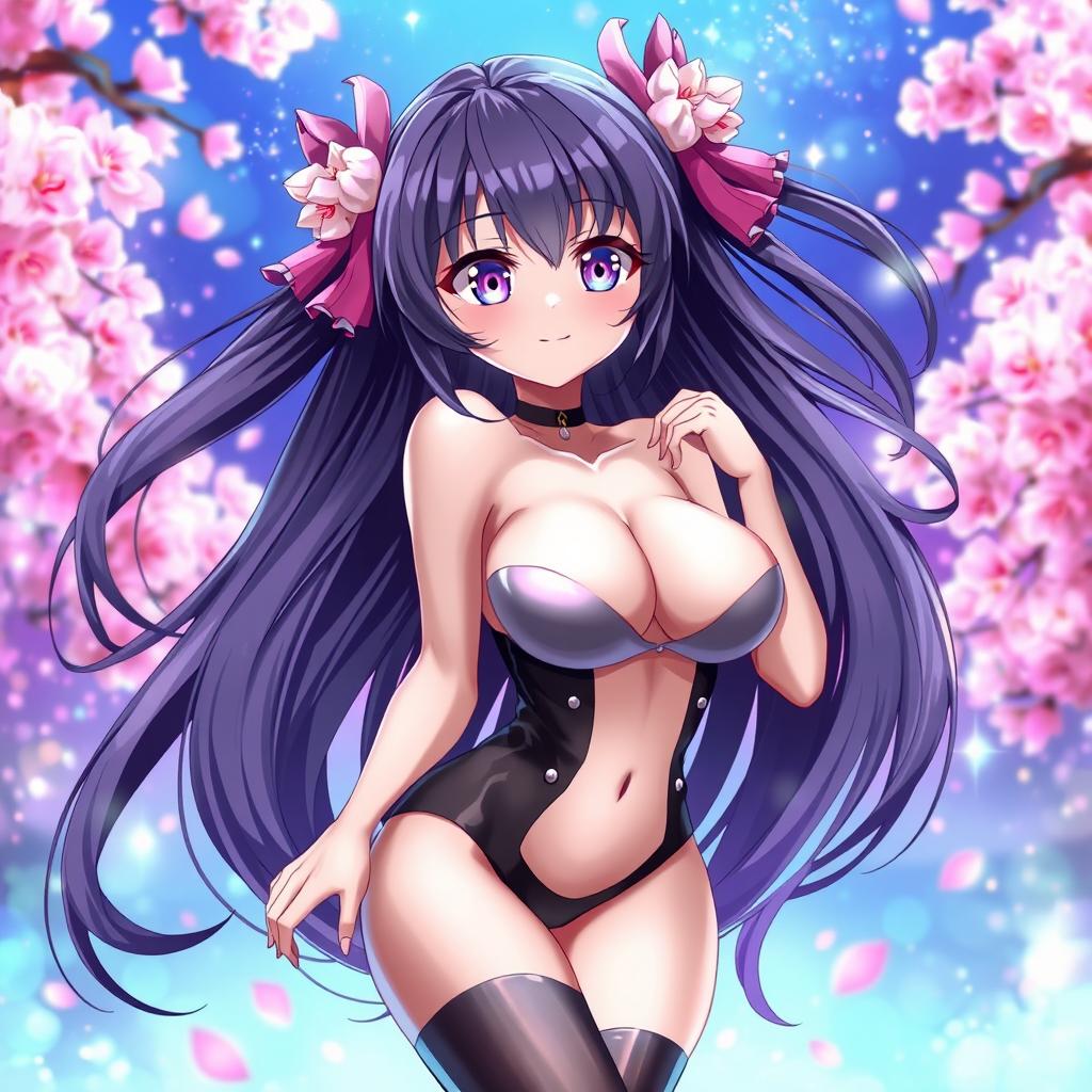 A stunning anime-style waifu character, featuring an attractive girl with long flowing hair, wearing a revealing and stylish outfit that highlights her curves