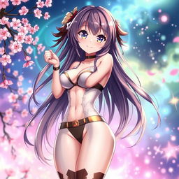 A stunning anime-style waifu character, featuring an attractive girl with long flowing hair, wearing a revealing and stylish outfit that highlights her curves