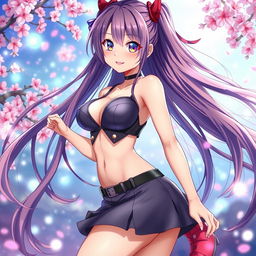 A stunning anime-style waifu character, featuring an attractive girl with long flowing hair, wearing a revealing and stylish outfit that highlights her curves