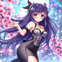 A stunning anime-style waifu character, featuring an attractive girl with long flowing hair, wearing a revealing and stylish outfit that highlights her curves