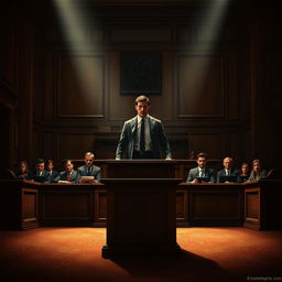 An intense movie poster depicting a dramatic courtroom scene featuring a witness stand at the forefront