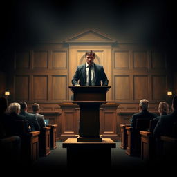 An intense movie poster depicting a dramatic courtroom scene featuring a witness stand at the forefront