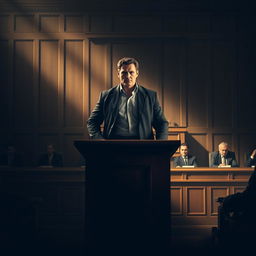 An intense movie poster depicting a dramatic courtroom scene featuring a witness stand at the forefront