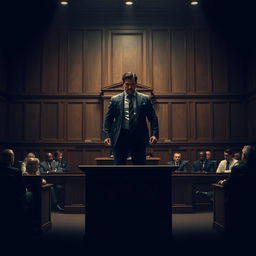 An intense movie poster depicting a dramatic courtroom scene featuring a witness stand at the forefront